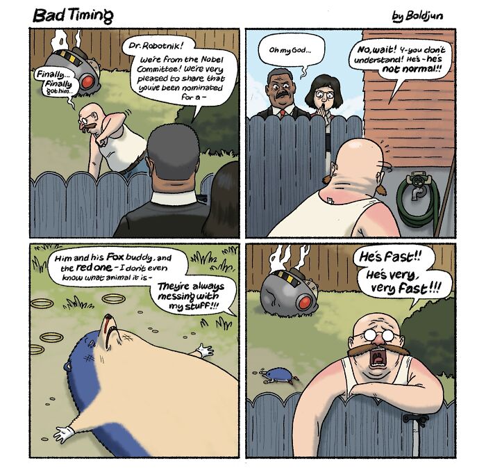 A funny comic showing Dr. Robotnik nominated for Nobel, as Sonic and Tails mess up his yard.