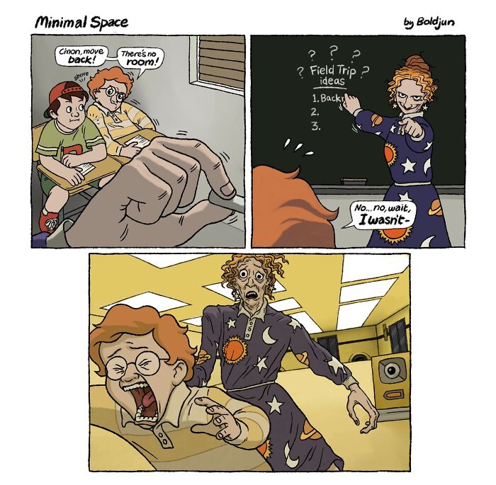 A funny comic illustrating a teacher with pop culture style, punishing a student for small spaces.