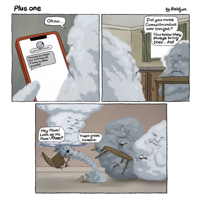 A dark humor comic showing cloud people reacting to a cumulus cloud bringing its child.