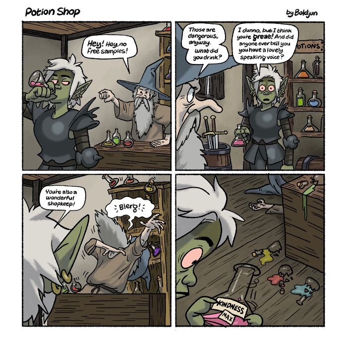 A fantasy comic showing a wizard selling potions, one labeled Kindness Max, causing an elf to blerg.