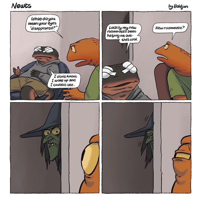 A funny comic shows two newts discussing a disappeared roommate, revealing a witch hiding in the shadows.