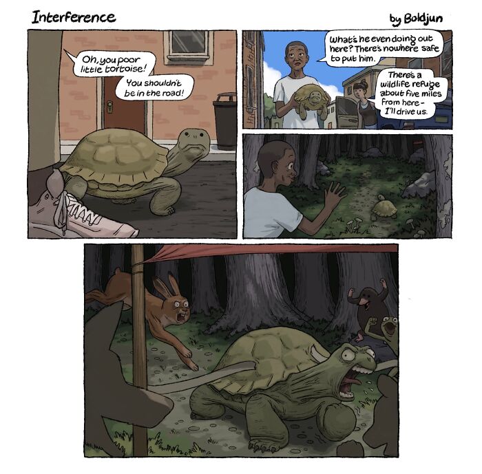 A funny comic featuring a kind person helping a tortoise, unaware it's escaping from dark and funny fantasy creatures.