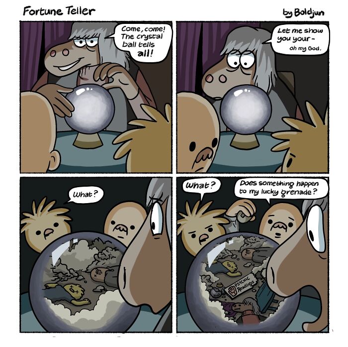 A dark humor comic depicts a fortune teller showing a man a vision of a psychic medium in a crystal ball.