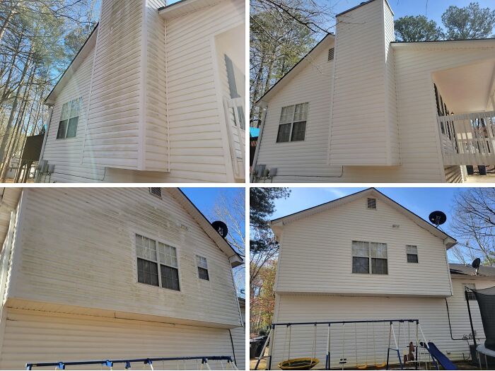 Power washing a house exterior, showing before and after cleaning of the siding and chimney.