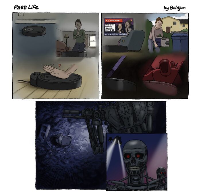 A dark and funny comic showing a person's affection for a robot vacuum that later becomes a terminator.