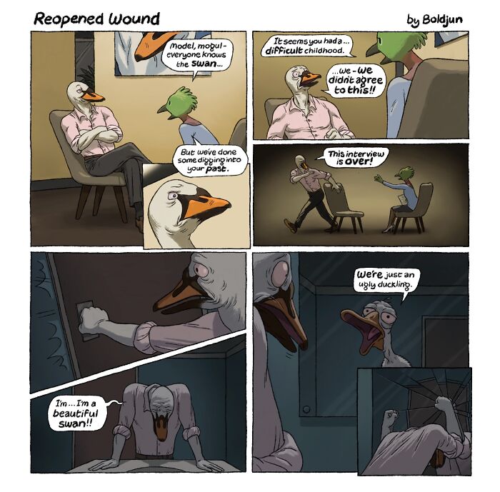 A dark humor comic where a swan recounts a difficult childhood, revealing he was once an ugly duckling.