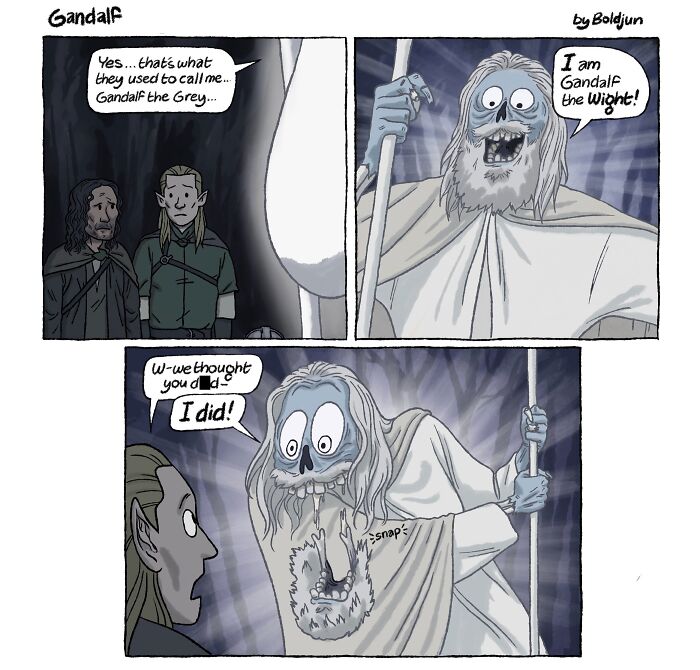 A dark humor comic depicting Gandalf the Grey as a wight, surprising Aragorn and Legolas.