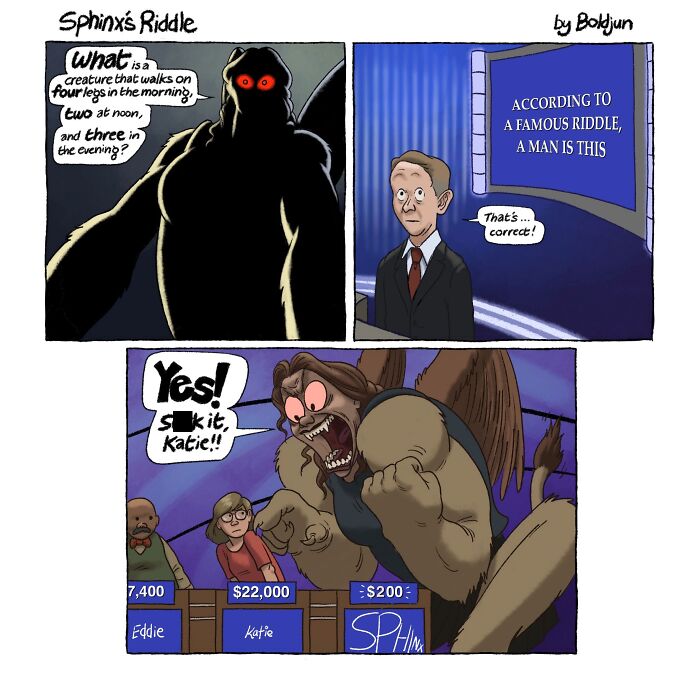 A dark and funny comic depicts a sphinx on a game show, enraged by a contestant's answer, a blend of dark humor, fantasy, and pop culture.