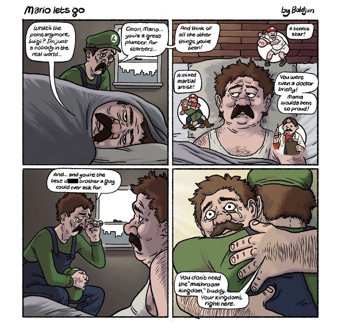 A dark and funny comic featuring Luigi comforting Mario, referencing his past roles, mixing fantasy and pop culture themes.
