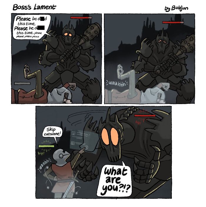 A dark humor comic shows a powerful boss from fantasy gaming being pestered by a small character, blending fantasy and pop culture.
