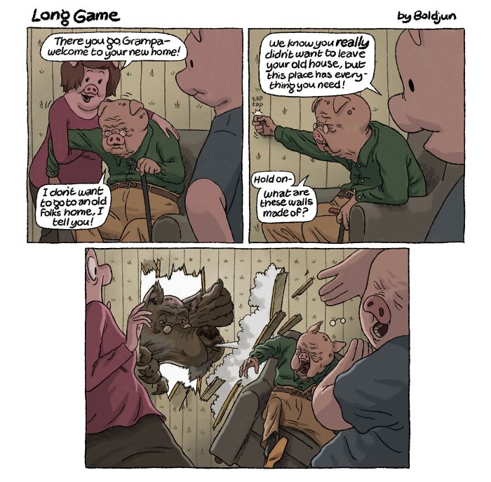 A dark humor comic depicts a grandpa pig escaping a nursing home by breaking walls, showcasing fantasy and pop culture elements.