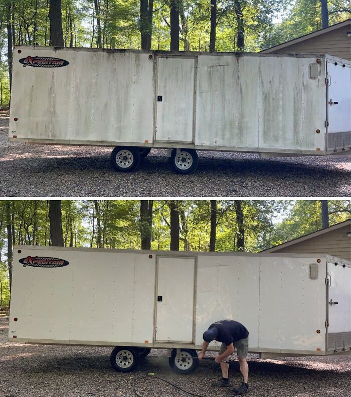 Satisfying power washing of a large white trailer, before and after cleaning, revealing a clean surface.