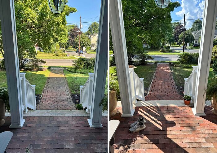 Satisfying power washing of a brick porch and pathway, transforming the dirty surface to clean.