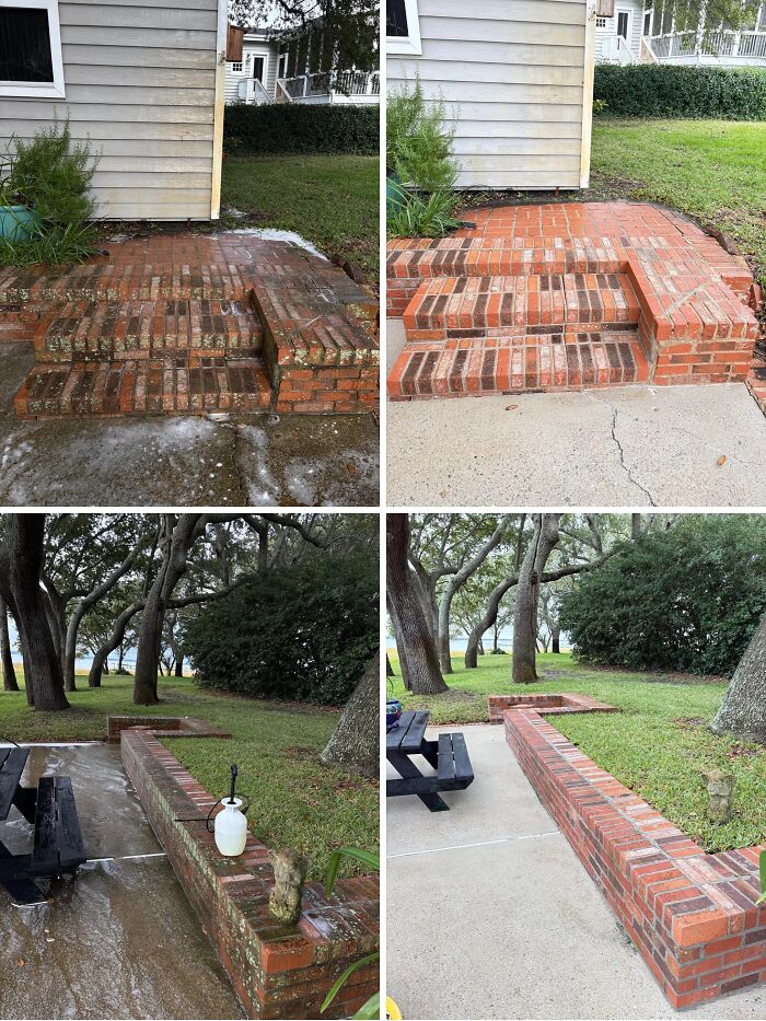 Satisfying power washing of brick stairs and retaining wall, before and after cleaning.