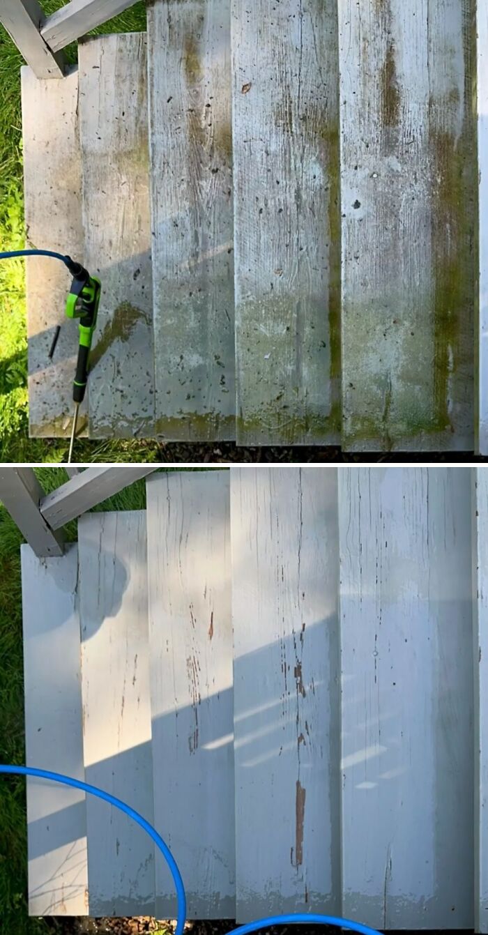Power washing dirty wooden stairs to reveal clean wood, showing satisfying cleaning results.