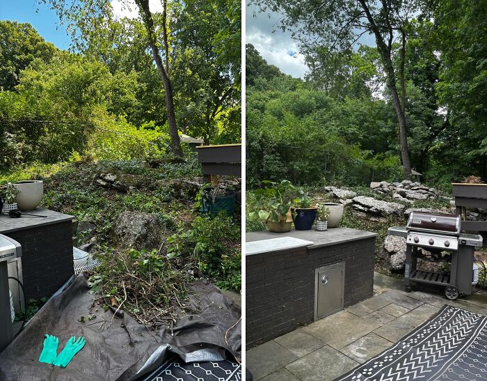 Before and after images of an outdoor patio area, demonstrating the satisfying results of power washing and cleaning.