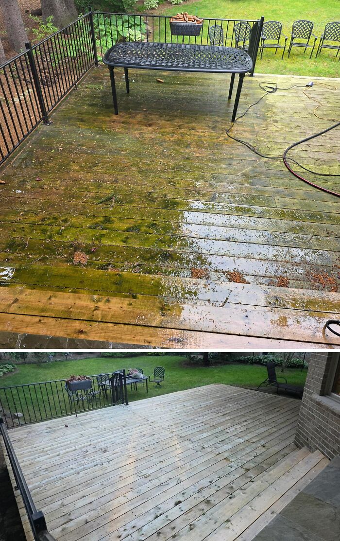 Before and after comparison of a wooden deck, showing the satisfying effect of power washing to remove grime and make cleaning look fun.