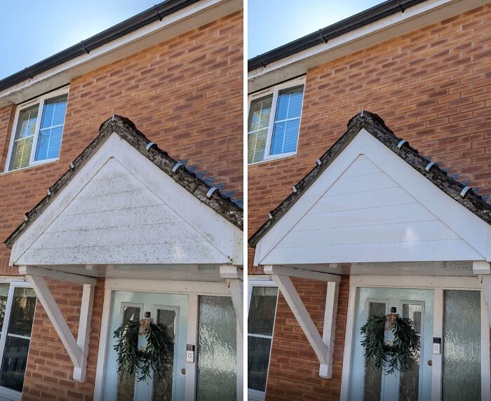 Before and after power washing a front porch overhang, highlighting the satisfying transformation from dirty to clean.