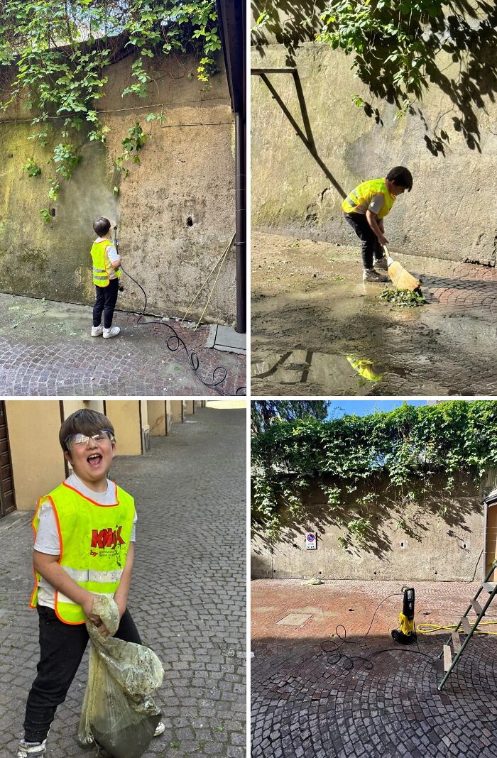 A young boy power washing a dirty stone wall, cleaning it, and then standing proudly with a bag of debris, showing the satisfying results.