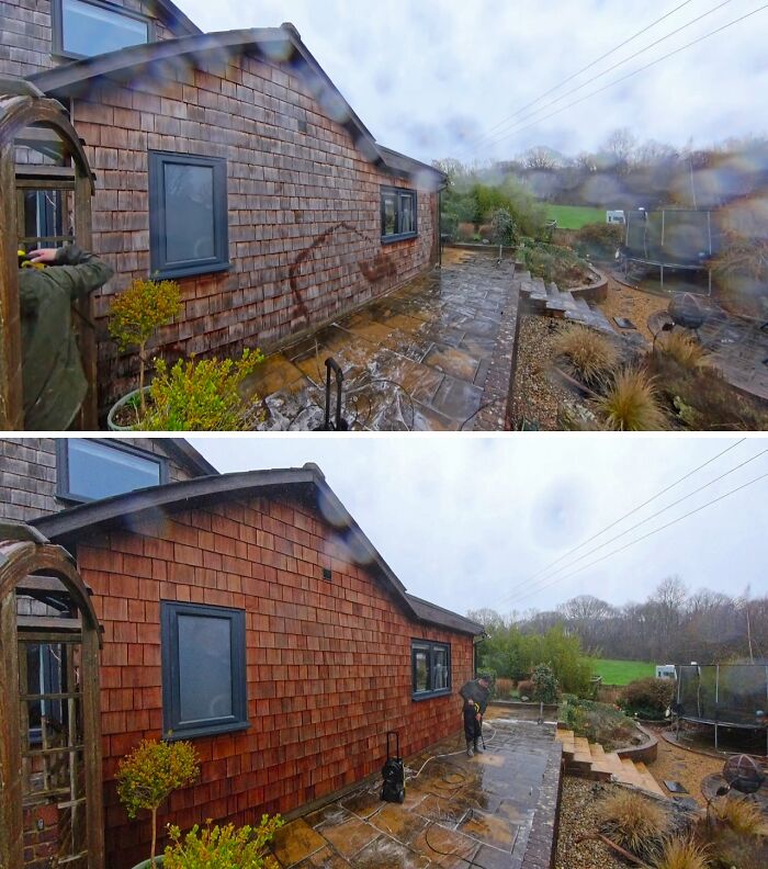 Satisfying power washing of a house exterior, illustrating the powerful cleaning of wooden shingles and a stone patio.