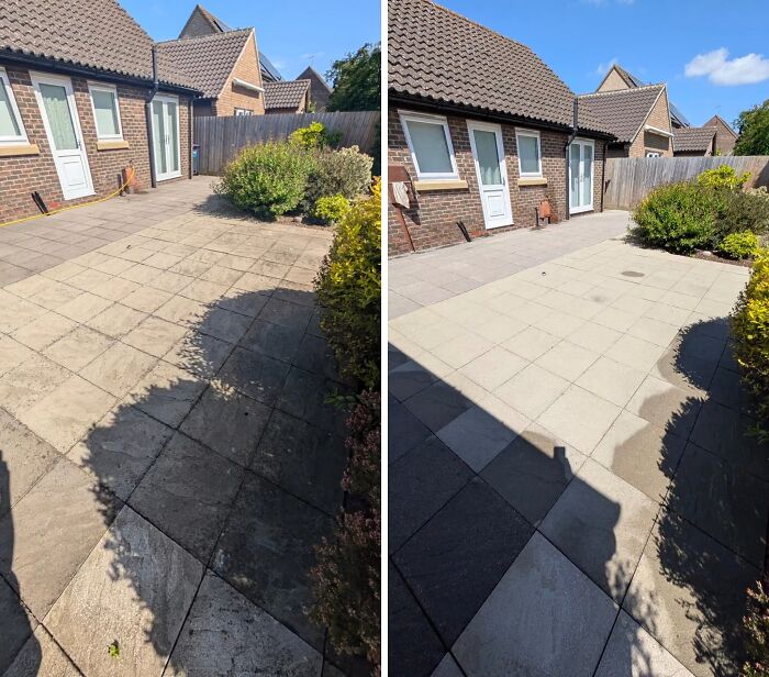 Satisfying power washing of a patio area, before and after showing a dramatic transformation from dirty to impeccably clean.