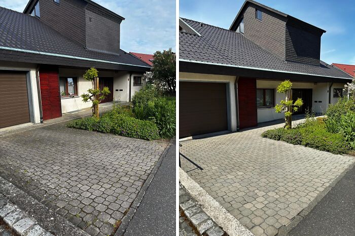 Satisfying power washing of a driveway, demonstrating the powerful cleaning of dirt and grime for a fresh, clean look.