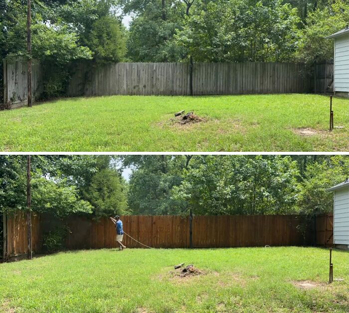 Satisfying power washing of a wooden fence, transforming it from weathered to clean and new-looking, showcasing effective cleaning.