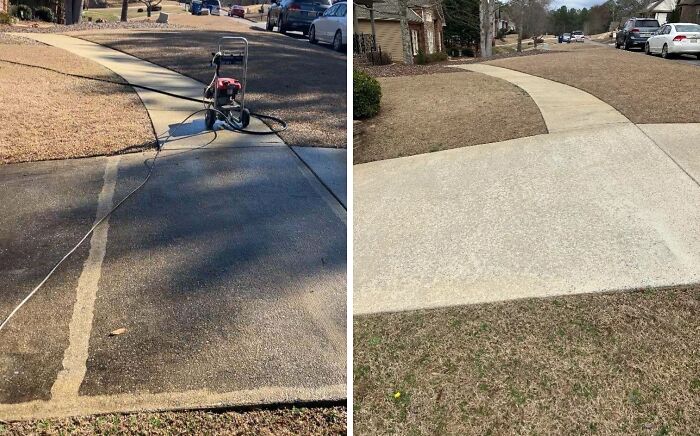 A power washing progress shot of a concrete driveway, illustrating the significant cleaning effect.