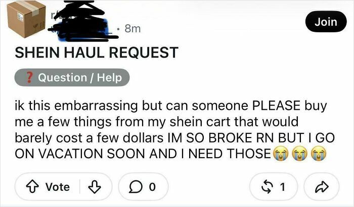 An outrageous request on social media for someone to buy items from a Shein cart for a vacation.