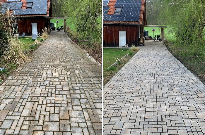 A side-by-side comparison of a power washed driveway, revealing its original, vibrant colors.