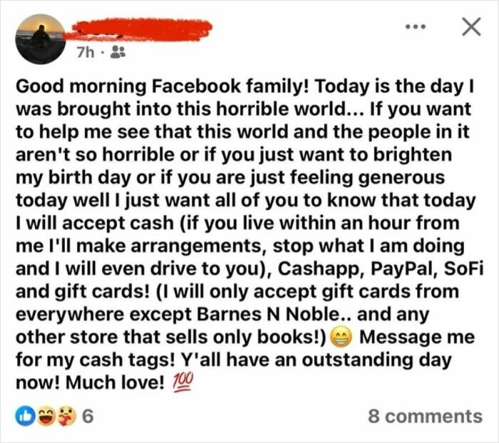 A social media post with an outrageous request for birthday money and gift cards from people who don't understand how money works.