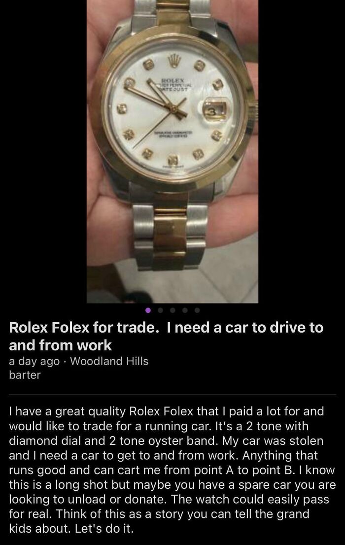 A listing showing an outrageous request to trade a Rolex watch for a car, not understanding how money works.