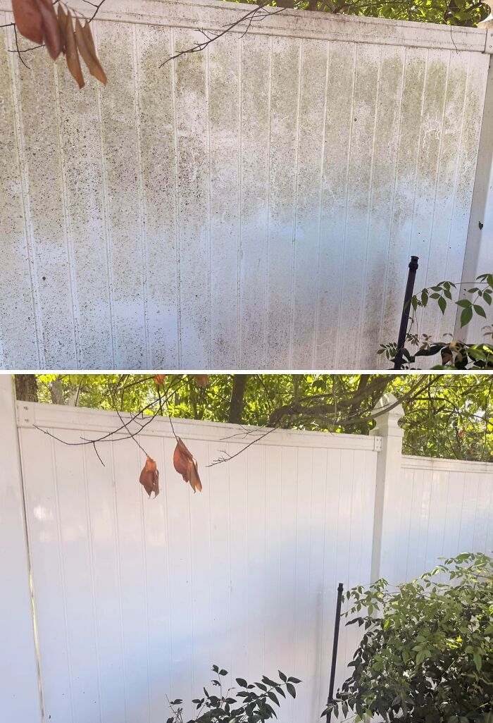 Vinyl fence before and after power washing, removing dirt and grime to reveal a pristine white surface.