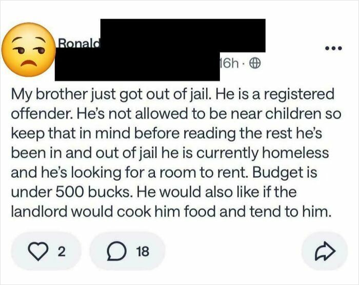 A social media post with an outrageous request about a registered offender looking for a room, not understanding how money works.