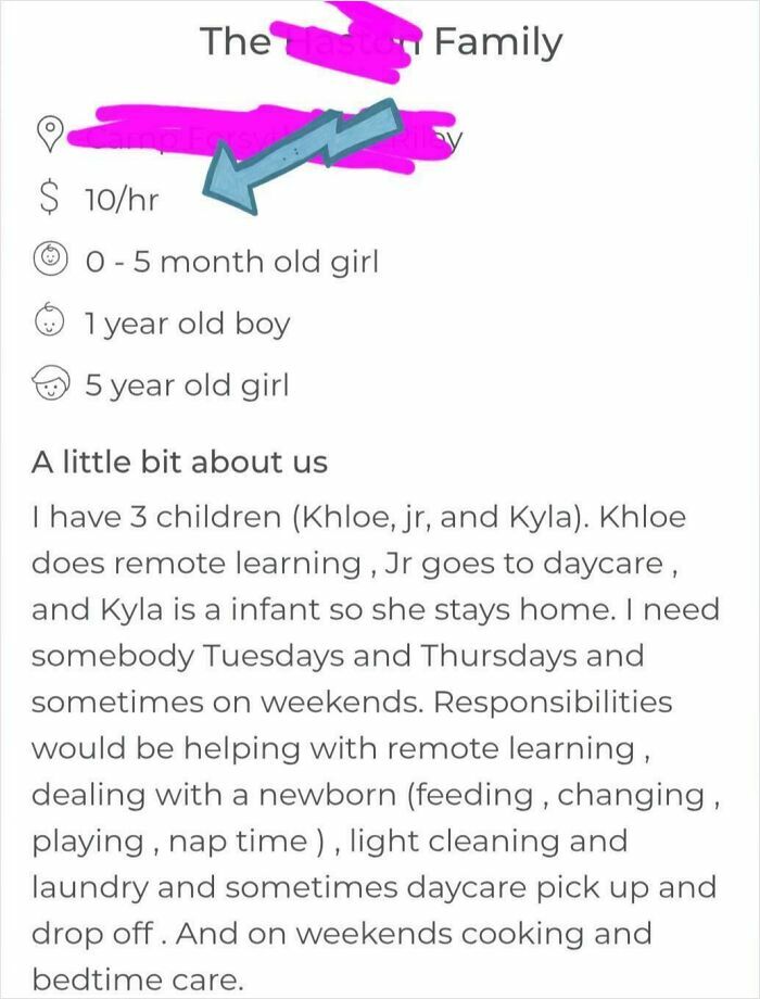 A screenshot of an outrageous request for childcare at $10/hr for three children, with extensive responsibilities, misunderstanding how money works.
