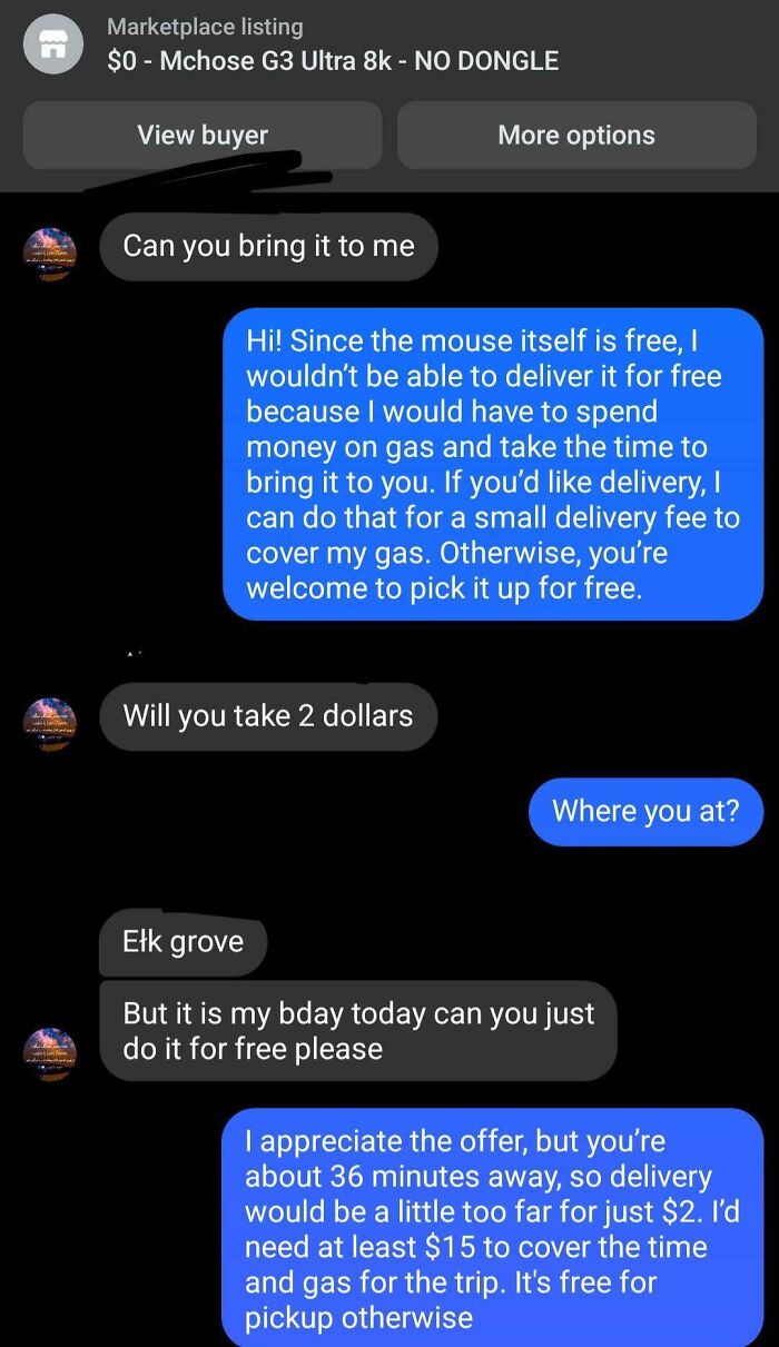 A chat conversation with an outrageous request for free delivery of a mouse, even asking for $2.