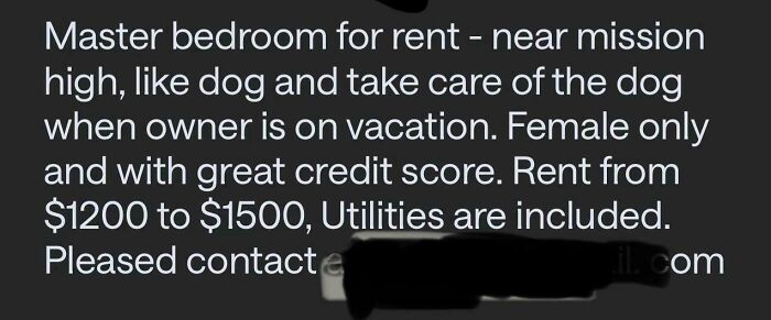 Screenshot of an outrageous request for a tenant to pay high rent and care for a dog, highlighting how money works.