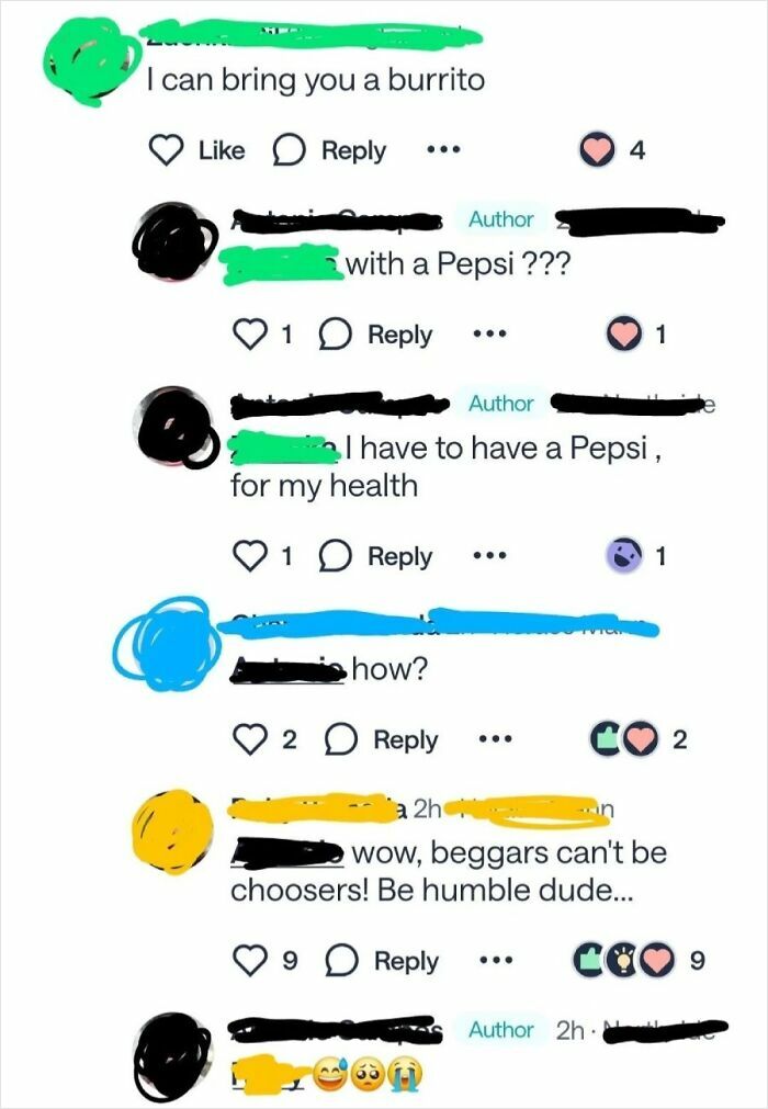 A conversation screenshot showing an outrageous request for a Pepsi with a free burrito, illustrating people who don't understand money.