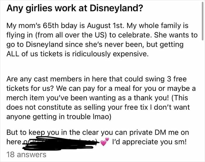 A social media post detailing an outrageous request for free Disneyland tickets for a family celebration.