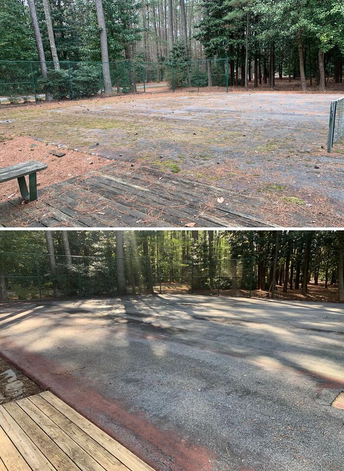 Power washing before and after of an outdoor court area surrounded by trees, showing a significant cleaning.