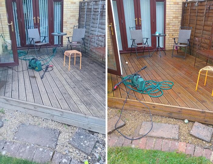Before and after power washing a wooden deck with outdoor furniture, revealing a cleaner, richer wood color.