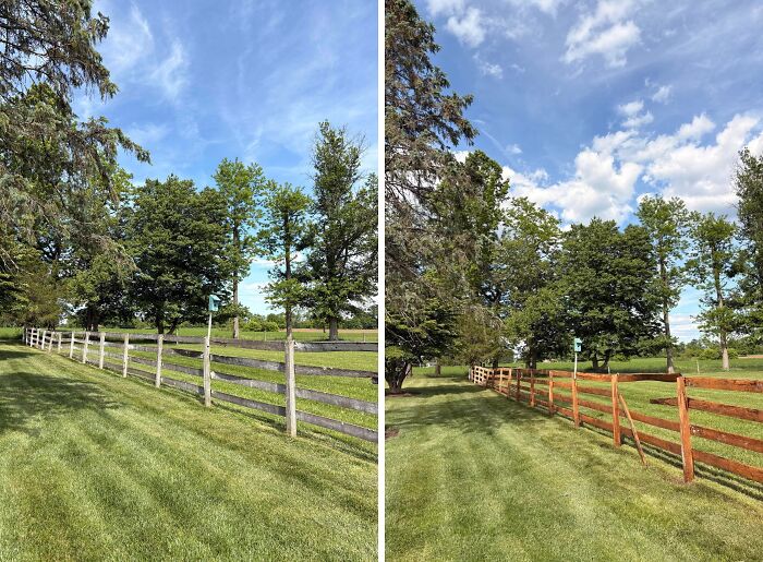 Power washing before and after of a rustic wooden fence in a grassy field, showing a dramatic clean.