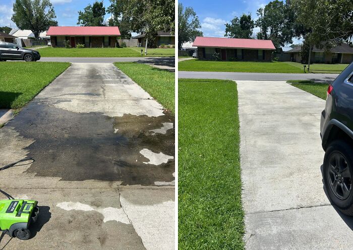 Satisfying power washing of a dirty driveway, transforming it from grimy to clean and new looking.