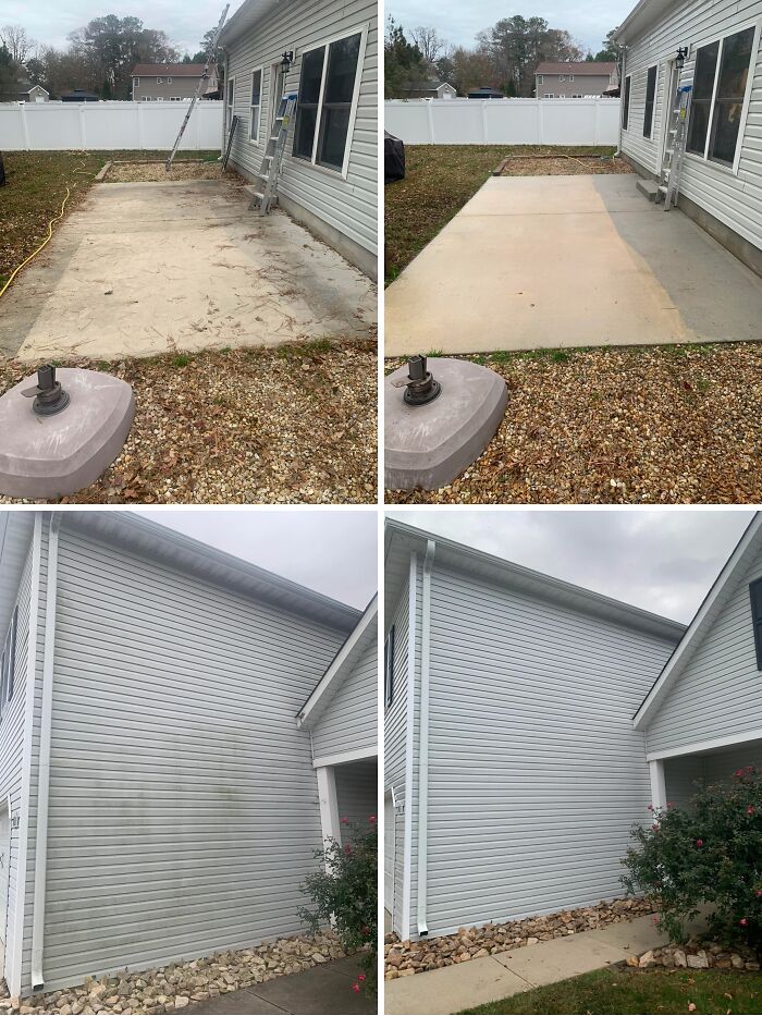 Power washing exterior surfaces, including a patio and house siding, showcasing dramatic before-and-after cleaning.