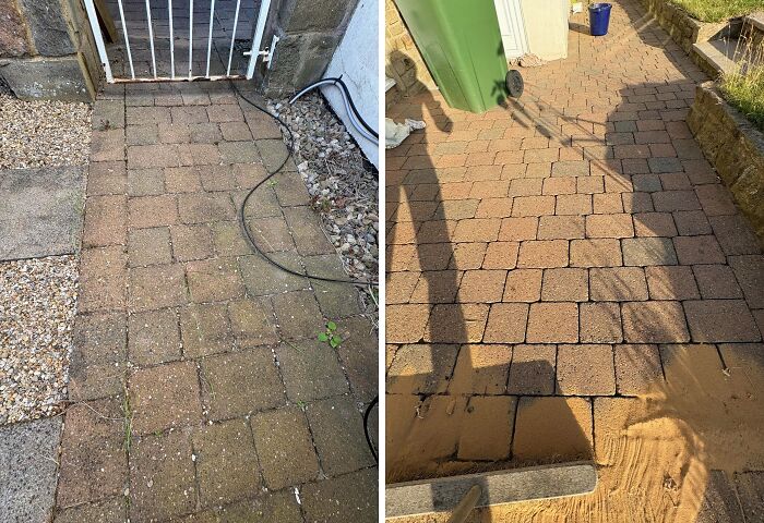 Satisfying power washing transformation of a dirty brick pathway to a clean, bright path.
