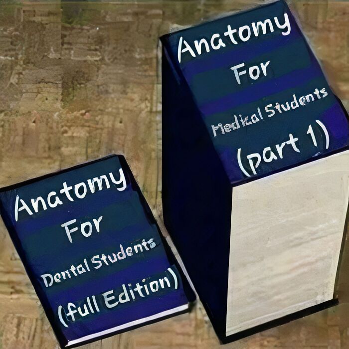 Funny medical meme contrasting a large medical anatomy book with a smaller dental anatomy book, highlighting differences for students.