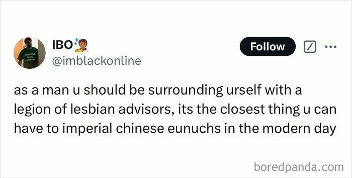 A tweet advising men to surround themselves with lesbian advisors, offering hilarious memes.