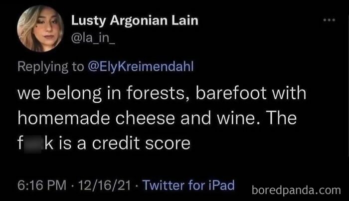 A tweet about belonging in forests with cheese and wine, a hilarious meme for procrastinating.