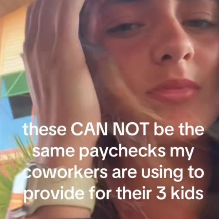 A close-up of a person with the text 'these CAN NOT be the same paychecks my coworkers are using to provide for their 3 kids' as a hilarious meme to scroll through.