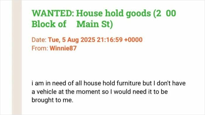 An online ad showing an outrageous request for household goods to be delivered due to no vehicle.